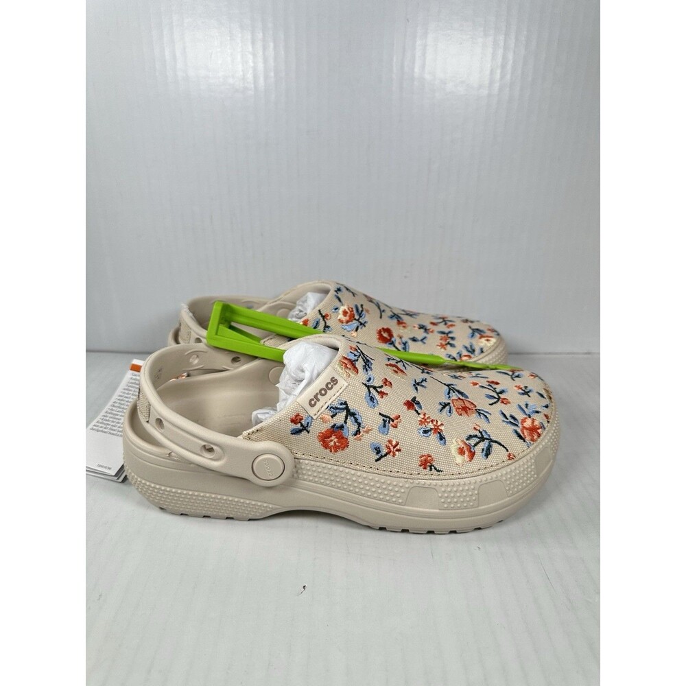 Crocs Classic Crafted Floral Clog Beige Canvas Slip On Comfort Women Size 9 NEW
